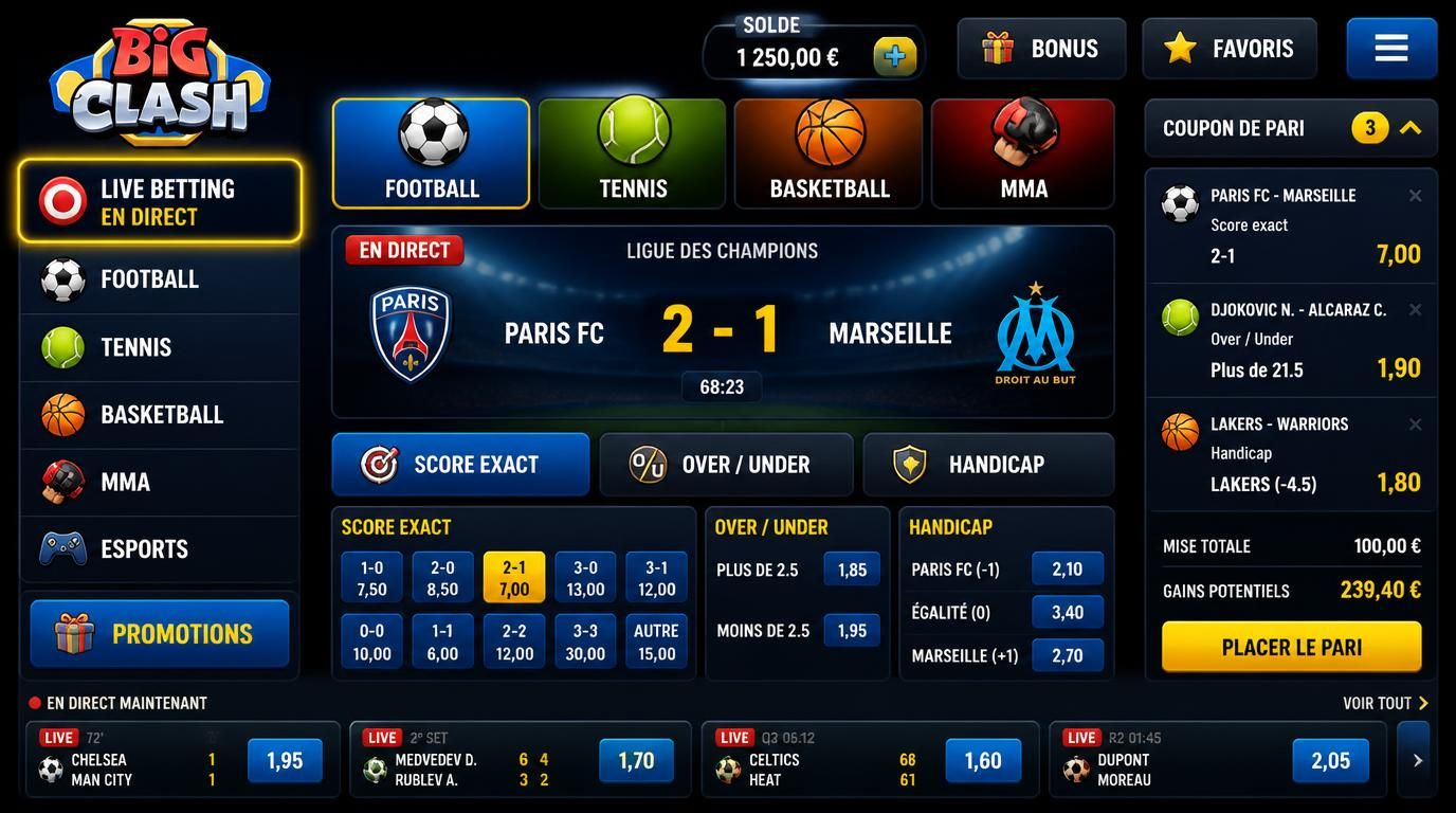 Interface colorée montrant plusieurs sports et types de pari sur BigClash Casino.