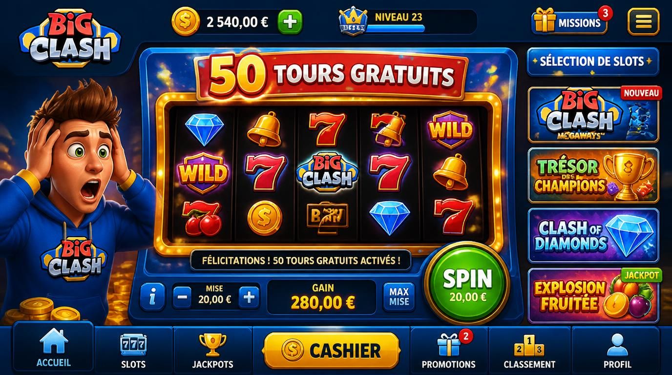 Interface avec machine à sous, texte “50 tours gratuits à 0,20-€”