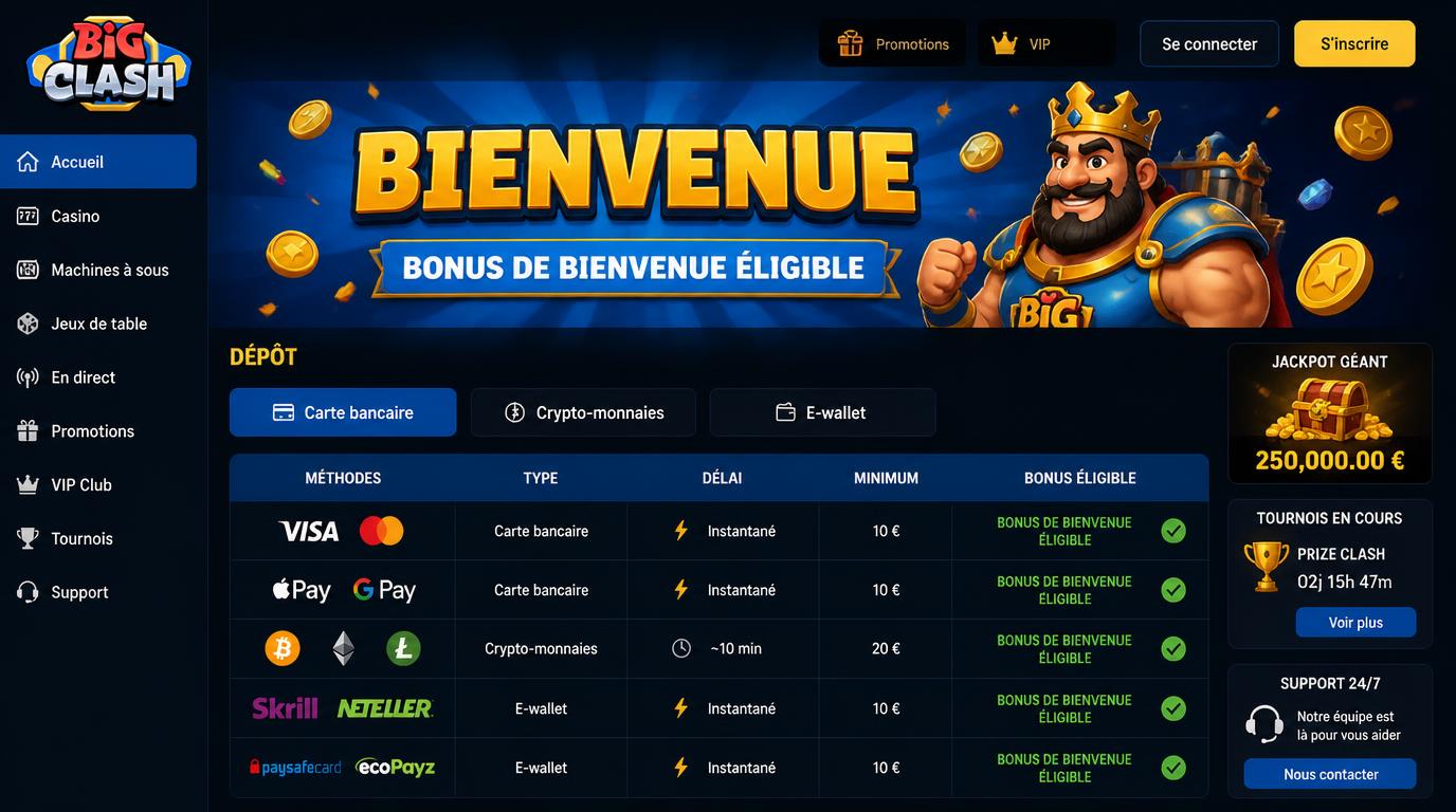 Tableau des méthodes de dépôt et bonus de bienvenue.