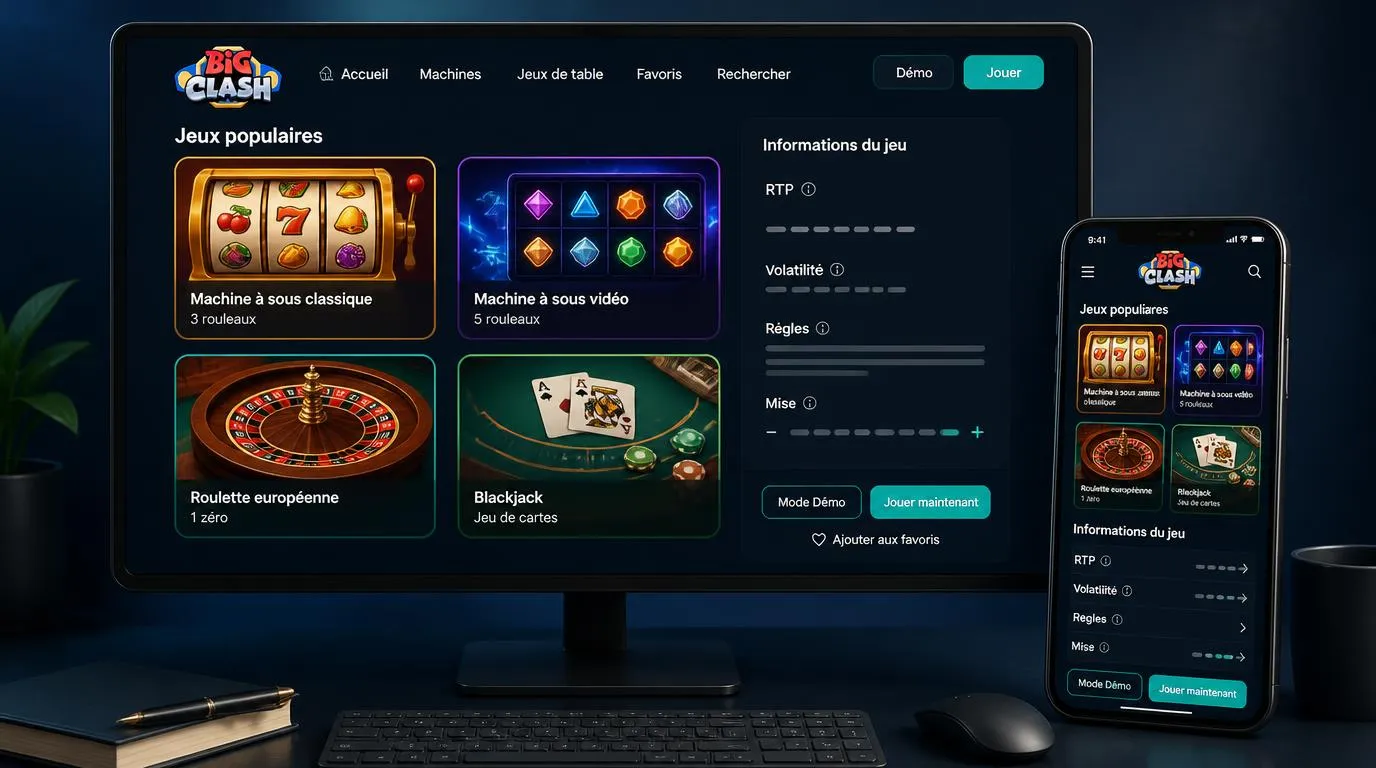 Catalogue de casino illustré avec machines à sous, roulette, blackjack et fiches de règles sur ordinateur et mobile