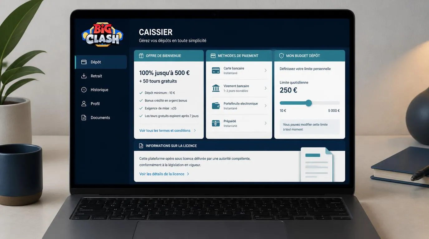 Interface de casino avec conditions de bienvenue, moyens de paiement et réglage du budget