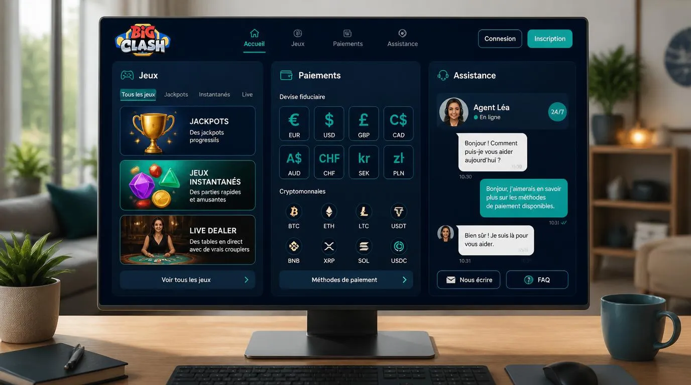 Interface de casino avec catalogue de jeux, options de paiement et fenêtre de chat disponible 24 h sur 24