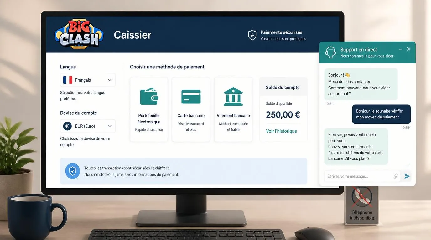 Interface de caisse en français avec choix de l’euro, moyens de paiement et fenêtre de chat
