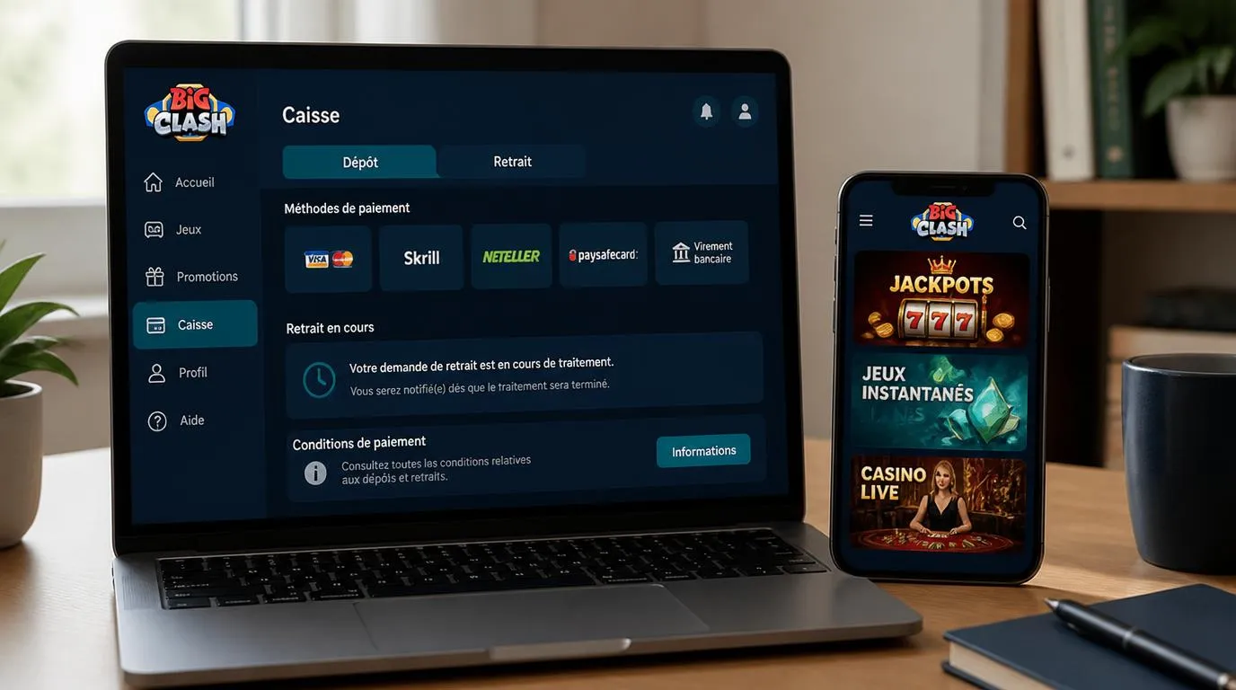 Interface de casino avec caisse, statut de retrait et catalogue de jeux sur ordinateur et mobile