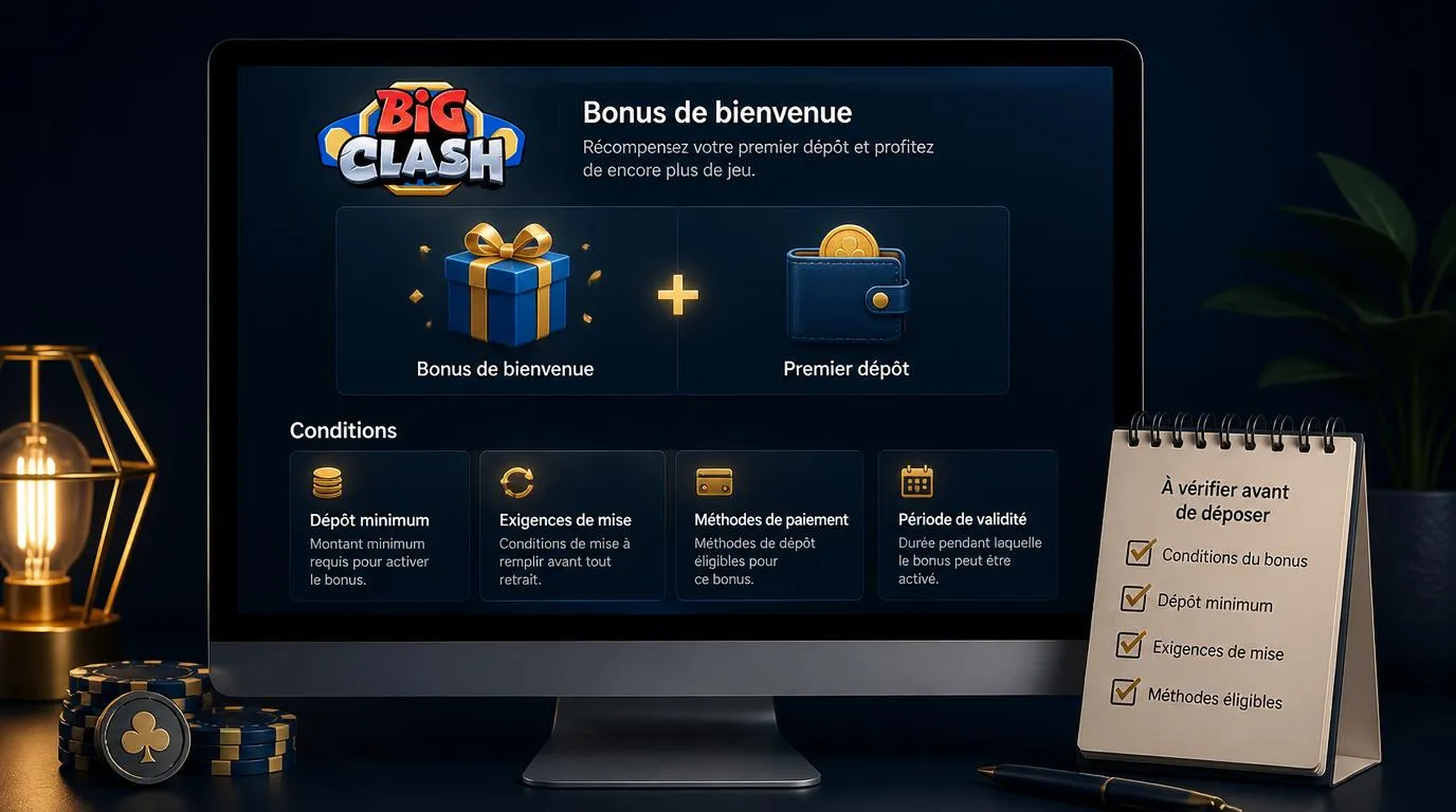 Interface de bonus de bienvenue avec dépôt initial et conditions de mise à consulter
